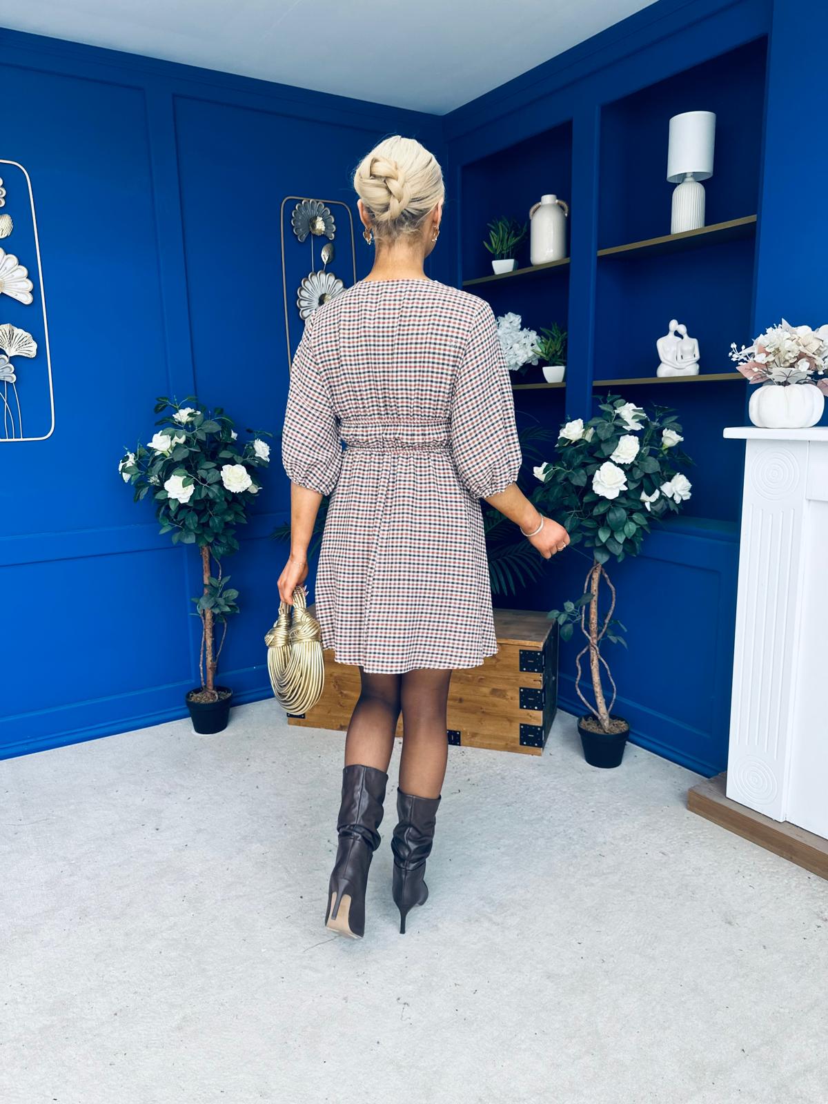 Parisa Puff Sleeve Mini Dress Check Burnt Orange