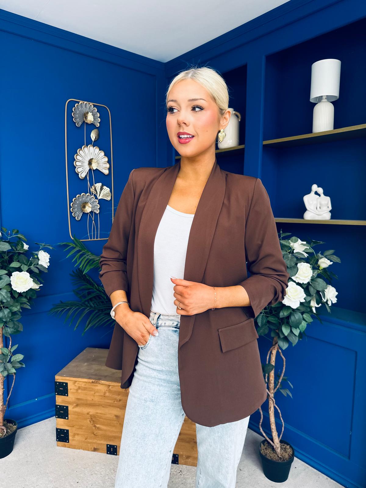 Ciara Ruched Sleeve Blazer Choc