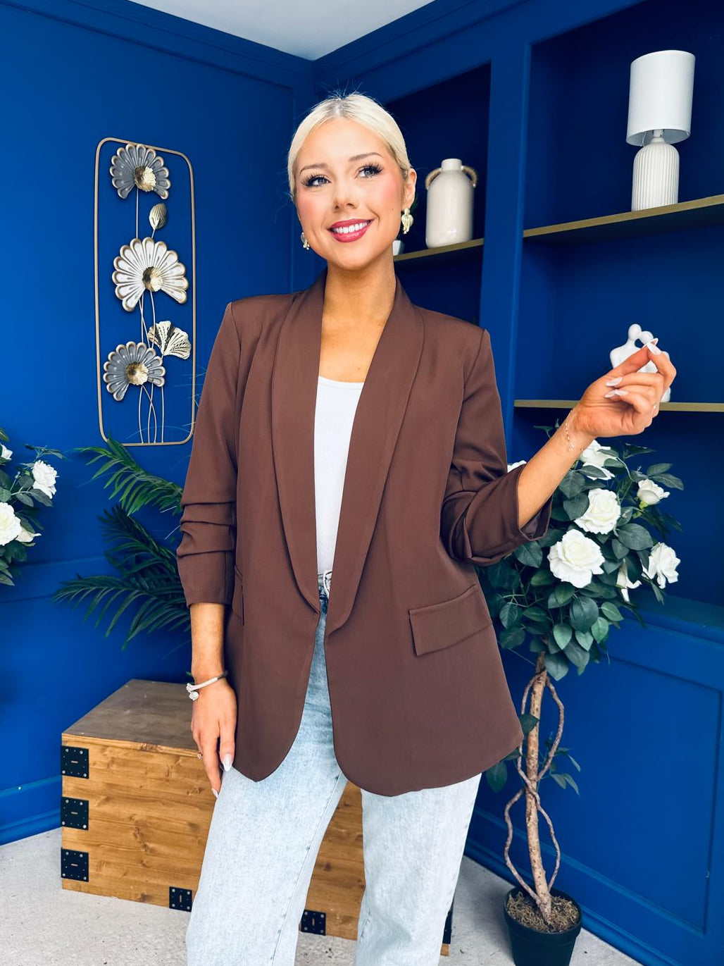 Ciara Ruched Sleeve Blazer Choc