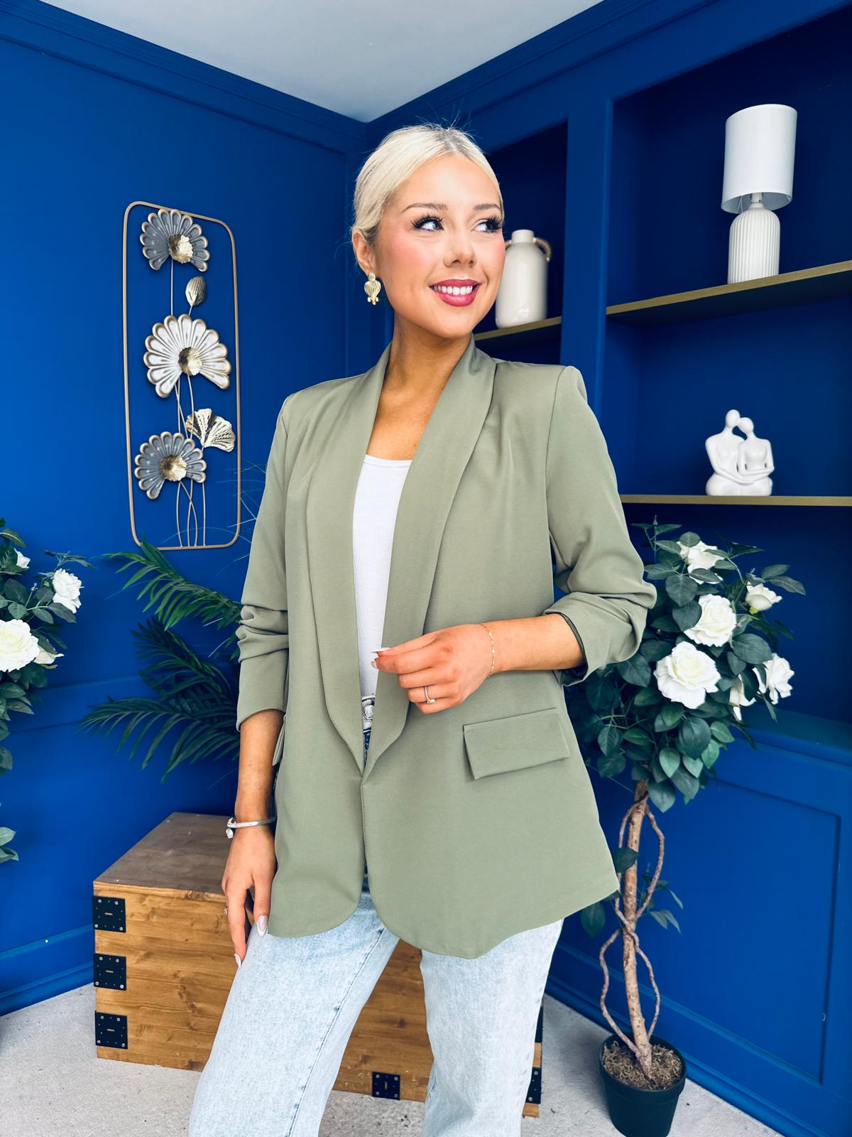 Ciara Ruched Sleeve Blazer Khaki