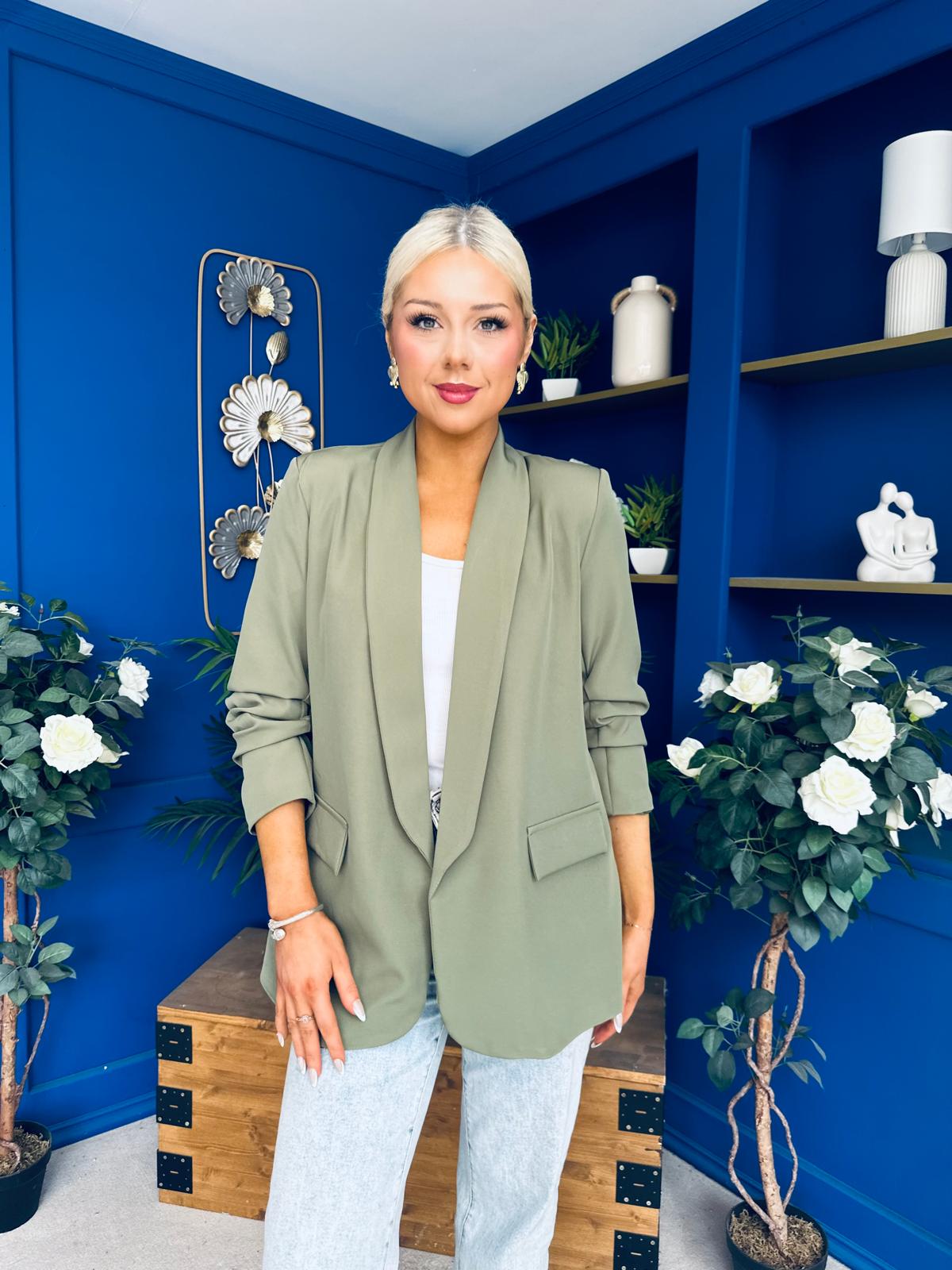 Ciara Ruched Sleeve Blazer Khaki