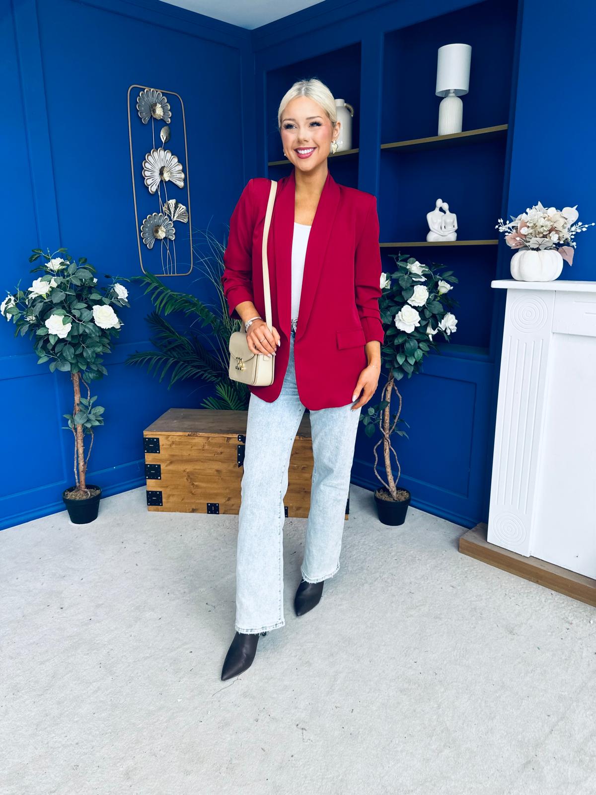 Ciara Ruched Sleeve Blazer Wine