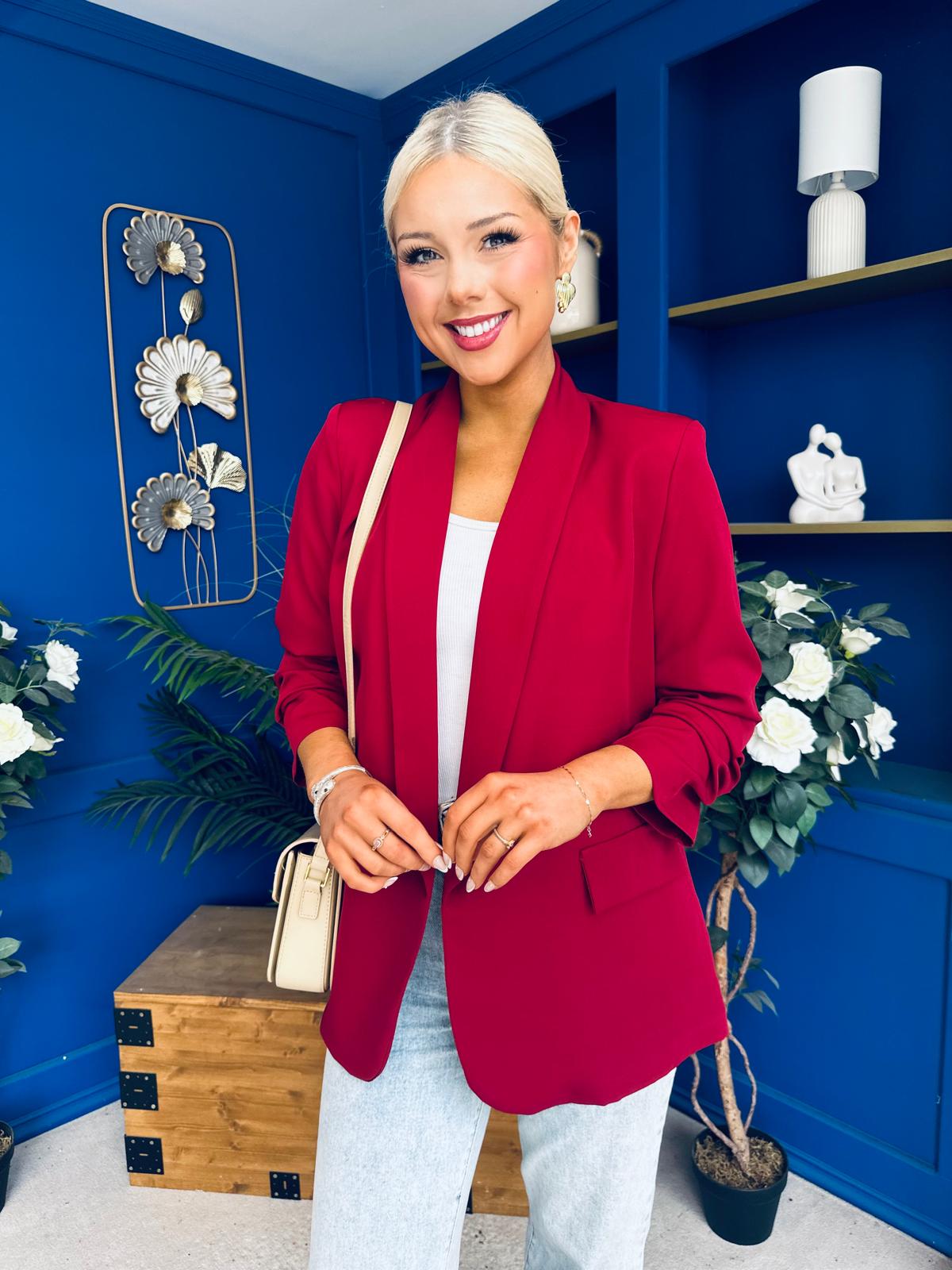 Ciara Ruched Sleeve Blazer Wine