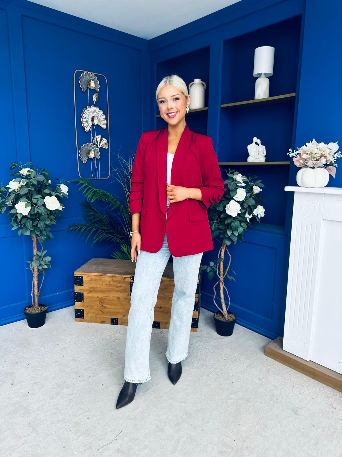 Ciara Ruched Sleeve Blazer Wine