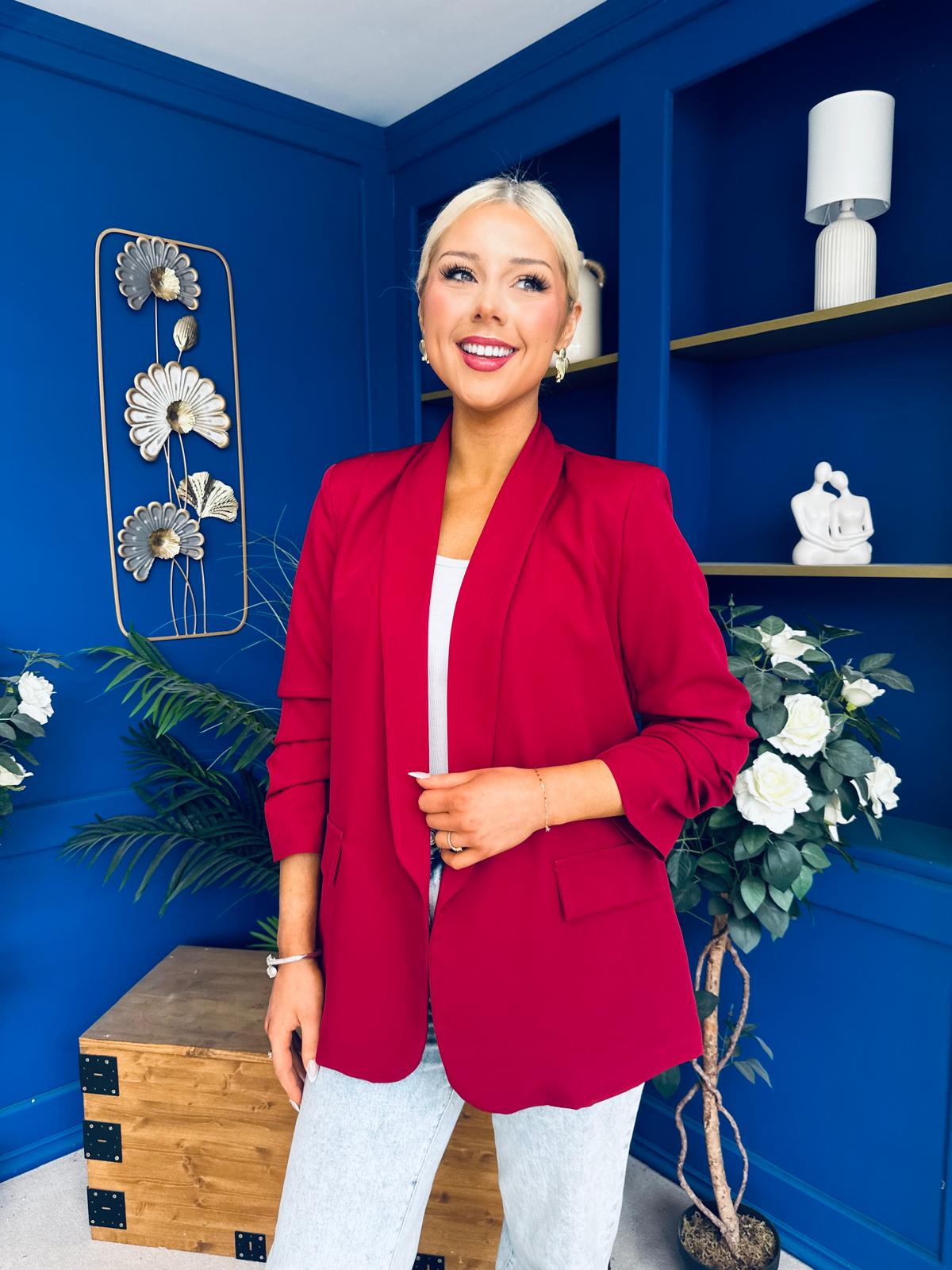 Ciara Ruched Sleeve Blazer Wine