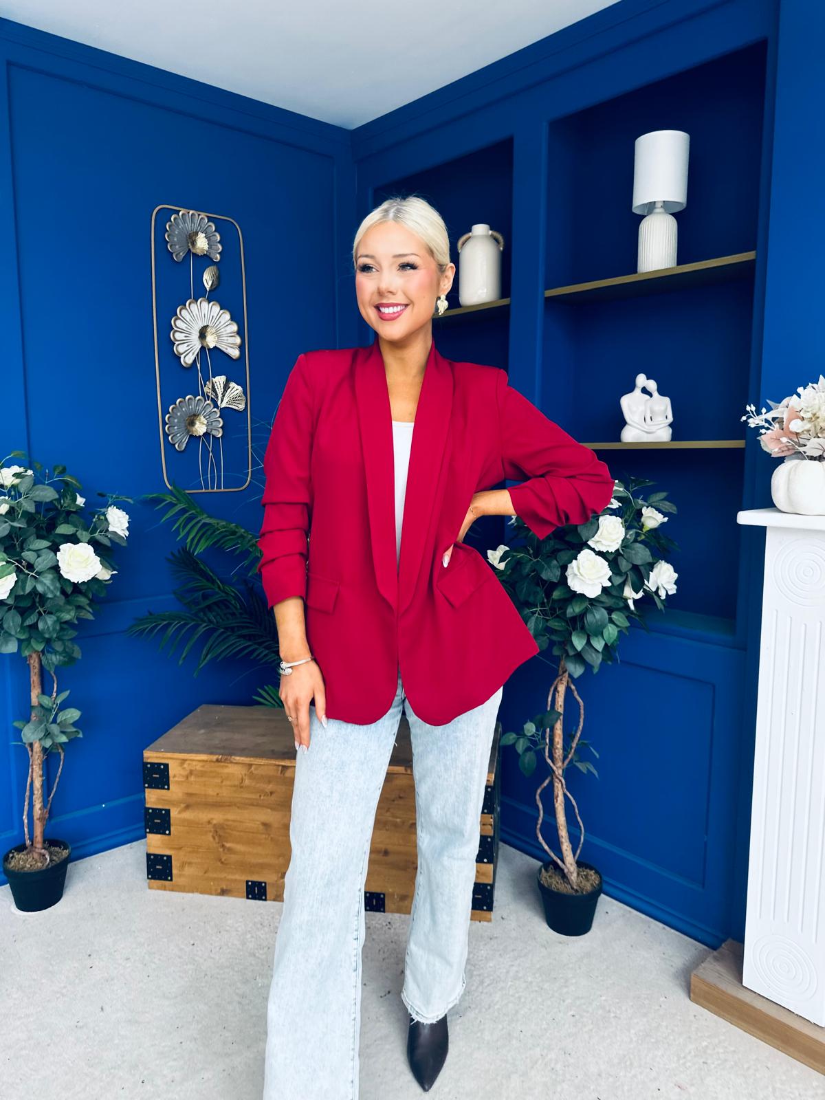 Ciara Ruched Sleeve Blazer Wine
