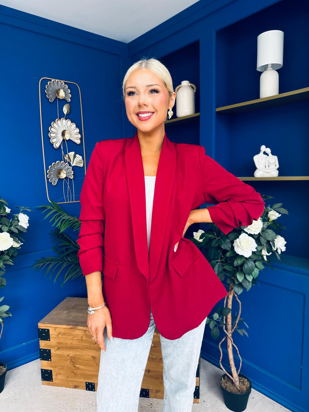 Ciara Ruched Sleeve Blazer Wine