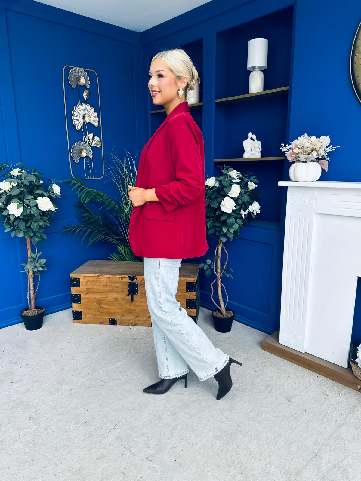 Ciara Ruched Sleeve Blazer Wine