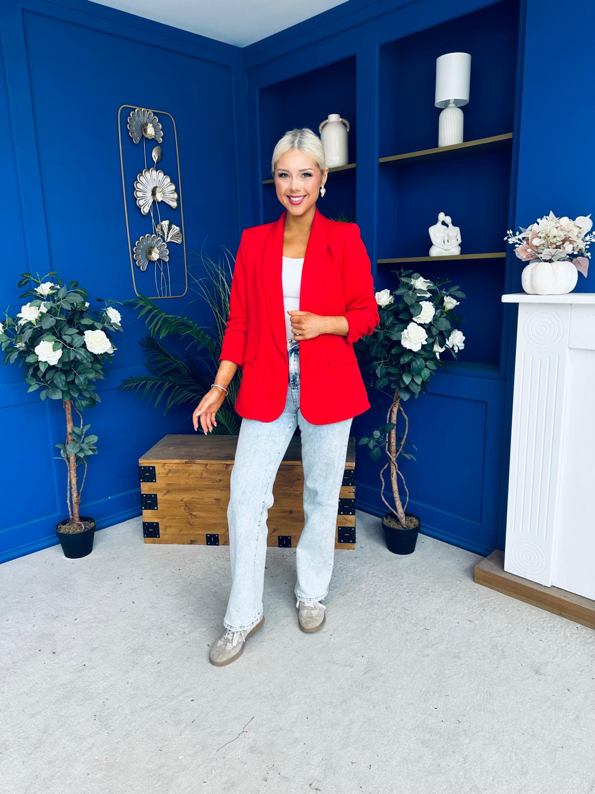 Ciara Ruched Sleeve Blazer Red