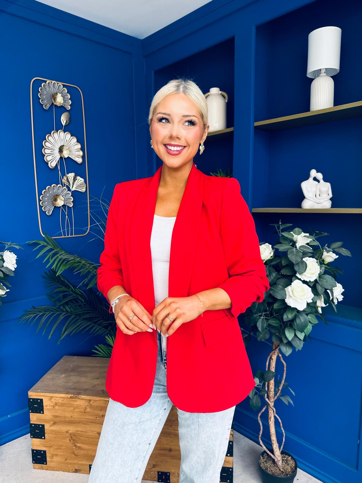 Ciara Ruched Sleeve Blazer Red