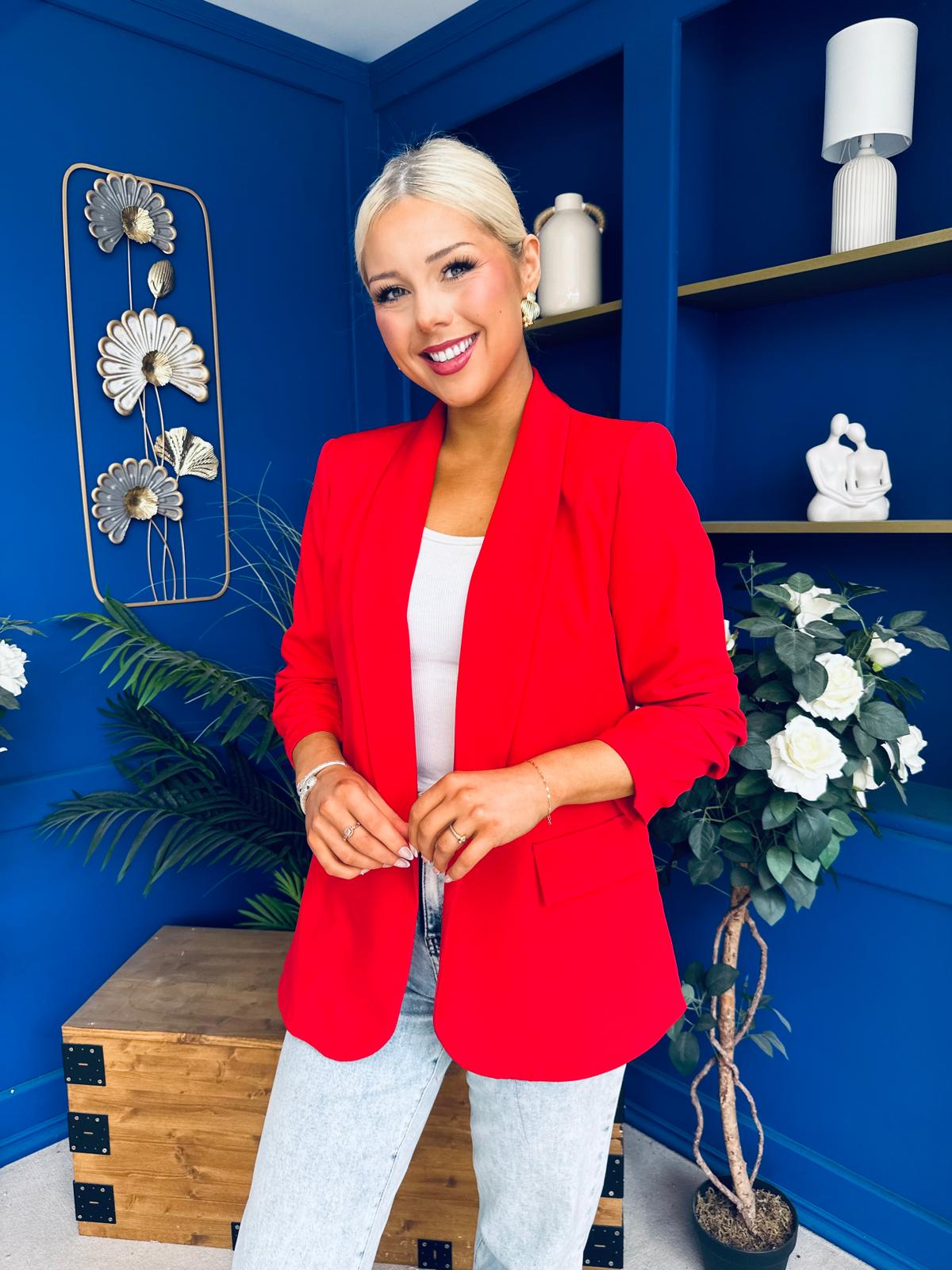 Ciara Ruched Sleeve Blazer Red