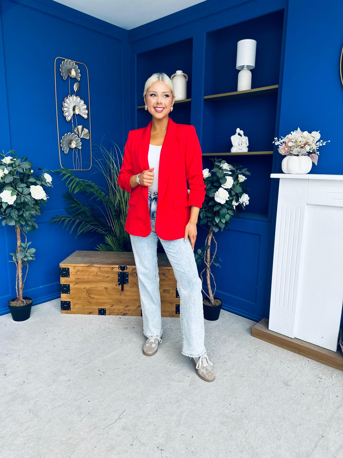 Ciara Ruched Sleeve Blazer Red