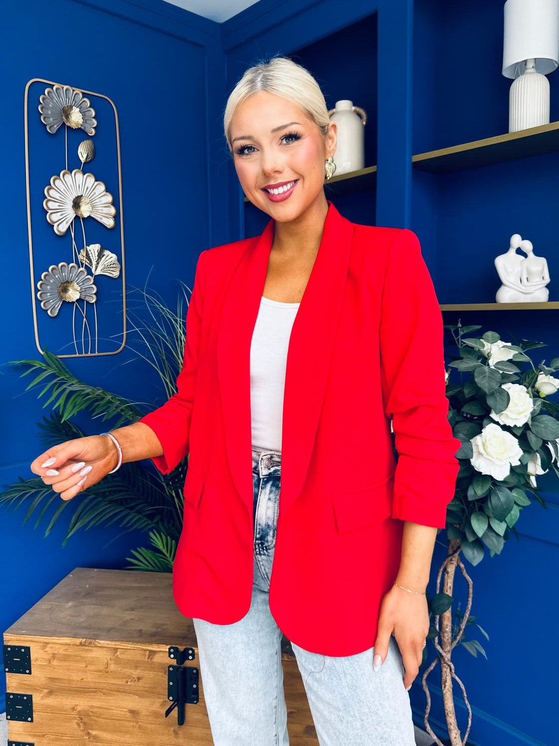 Ciara Ruched Sleeve Blazer Red