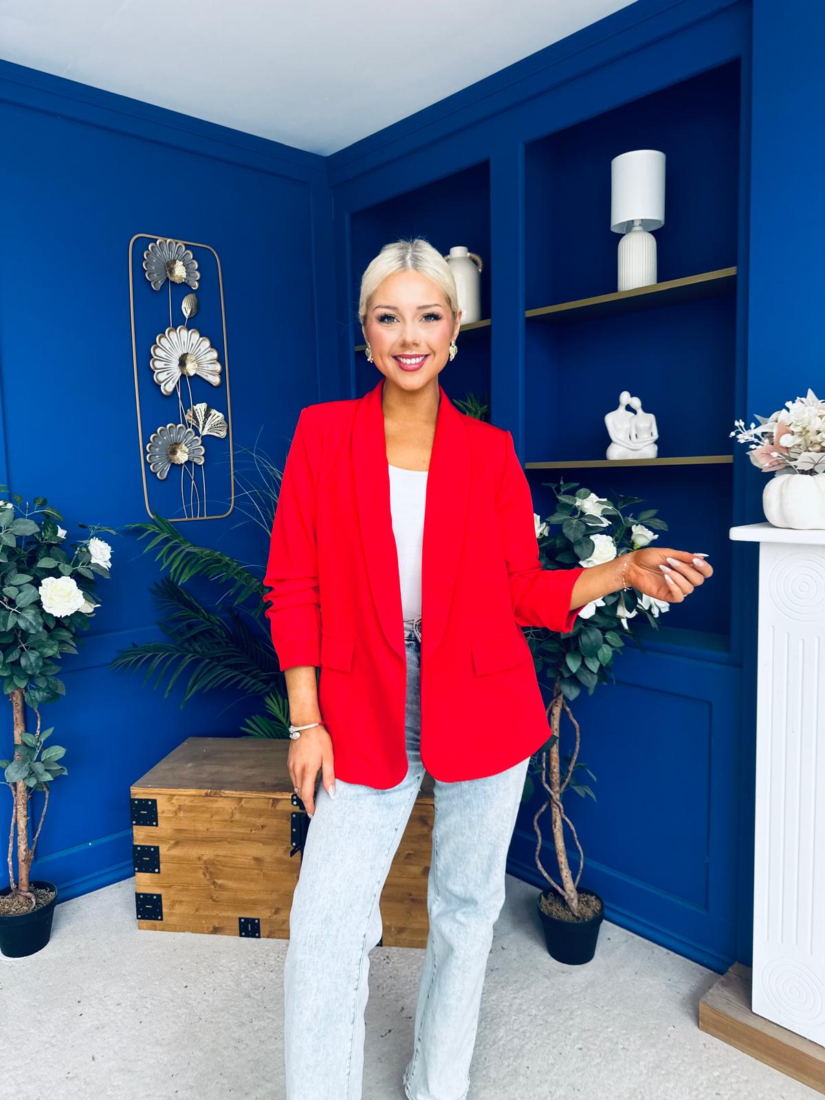 Ciara Ruched Sleeve Blazer Red