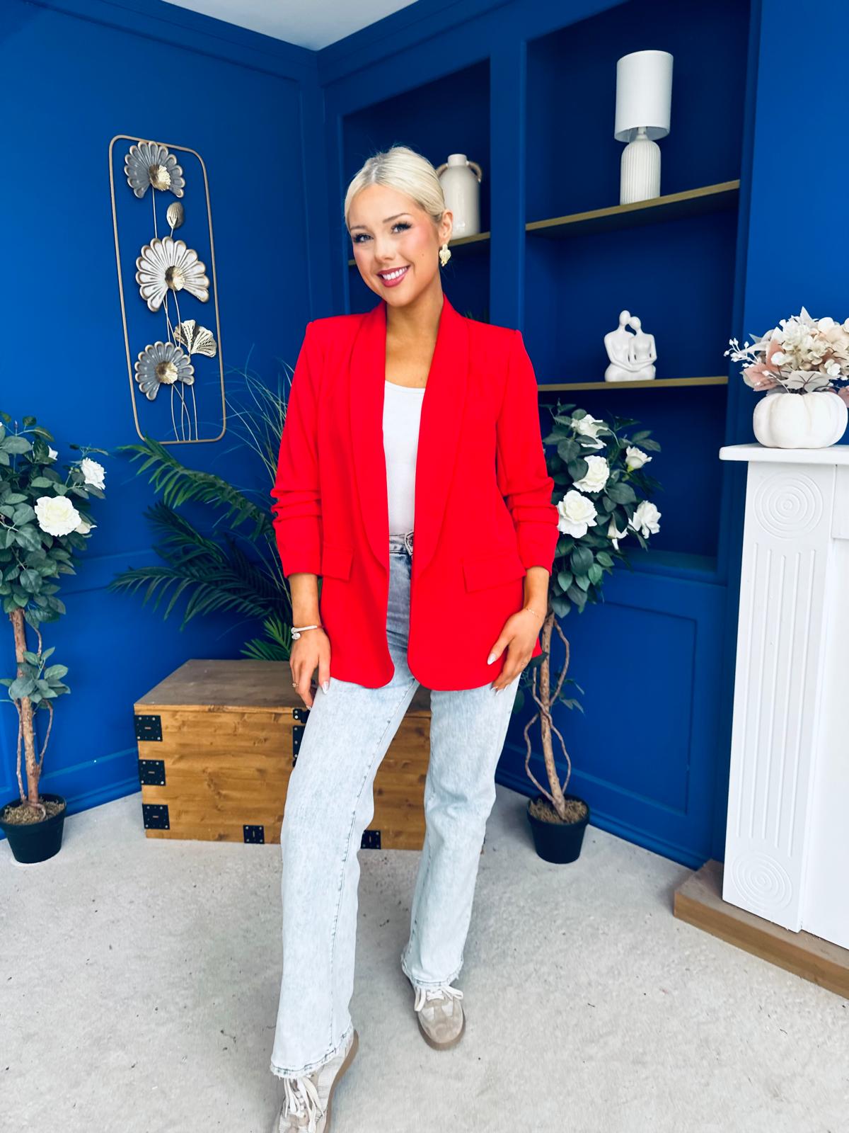 Ciara Ruched Sleeve Blazer Red