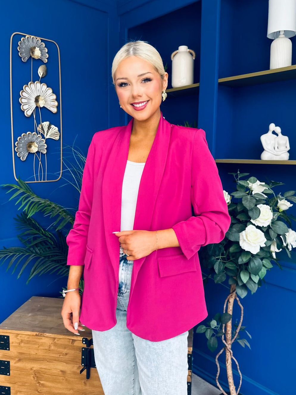 Ciara Ruched Sleeve Blazer Berry