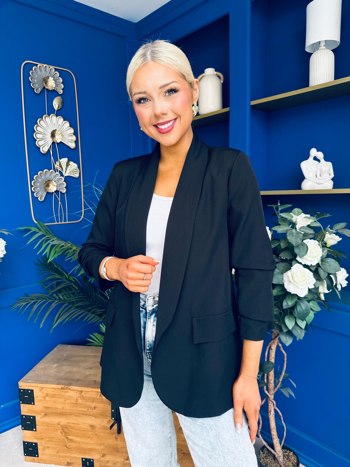 Ciara Ruched Sleeve Blazer Black