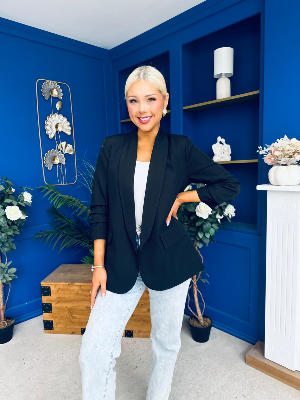 Ciara Ruched Sleeve Blazer Black