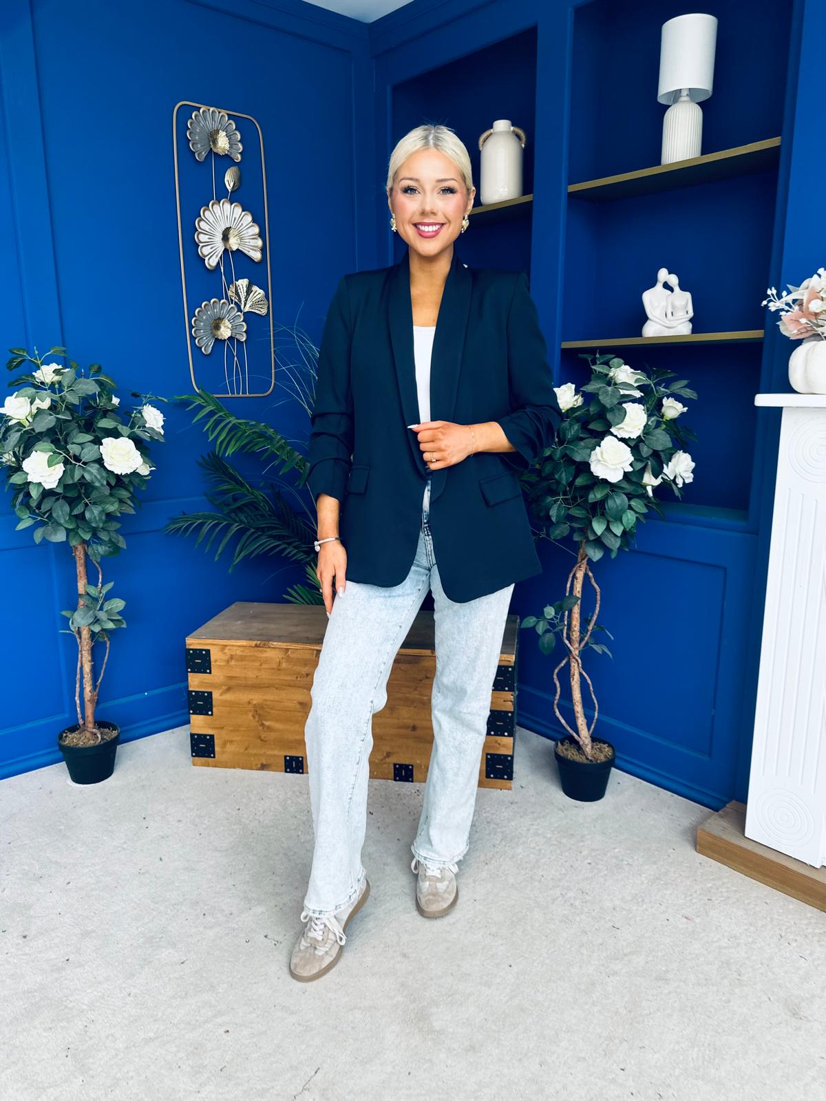 Ciara Ruched Sleeve Blazer Navy
