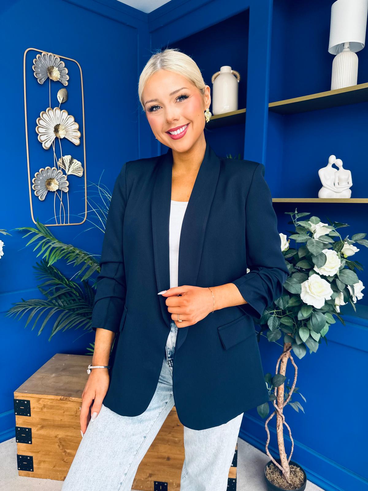 Ciara Ruched Sleeve Blazer Navy