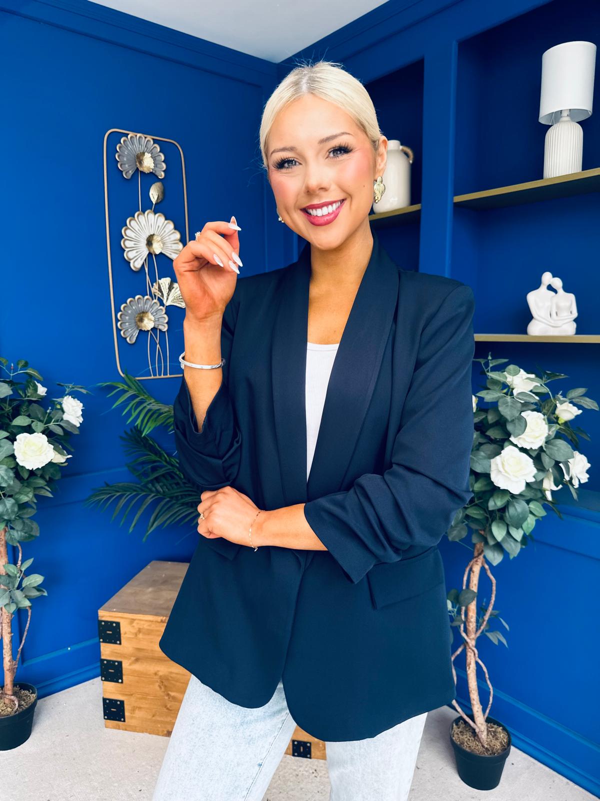 Ciara Ruched Sleeve Blazer Navy