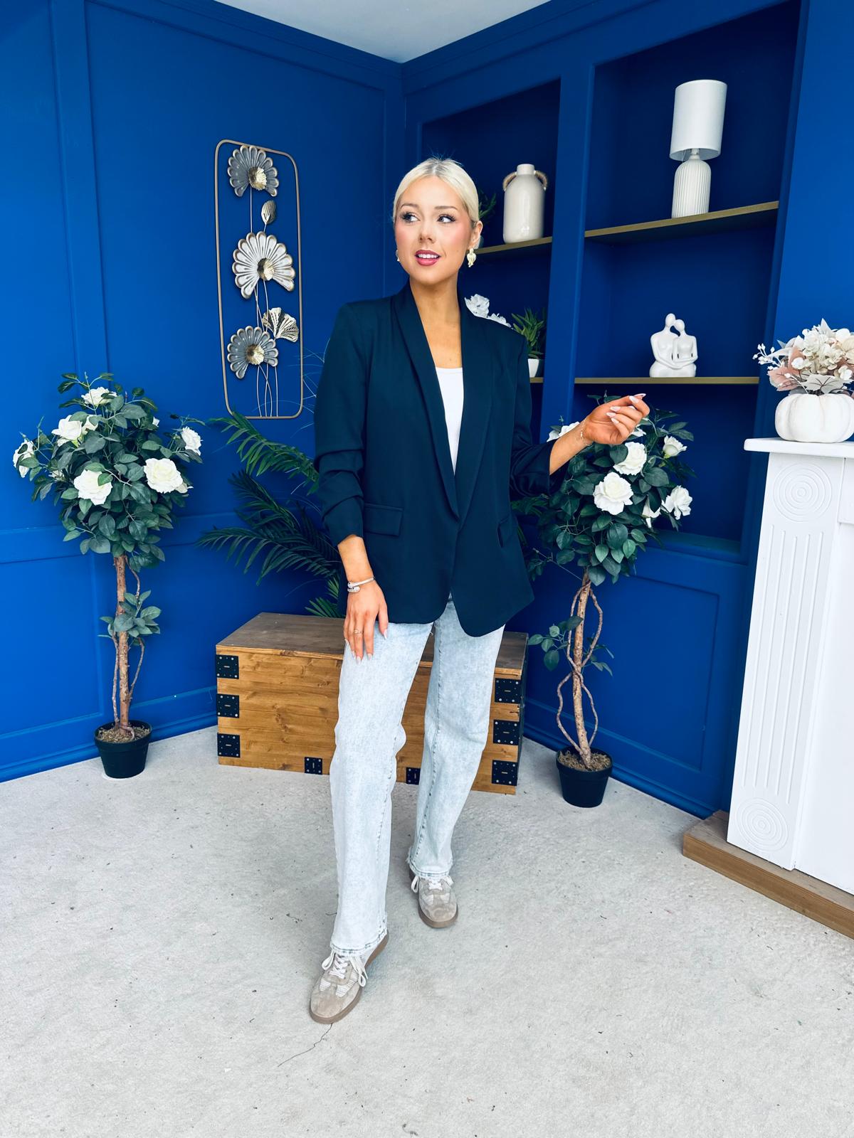Ciara Ruched Sleeve Blazer Navy
