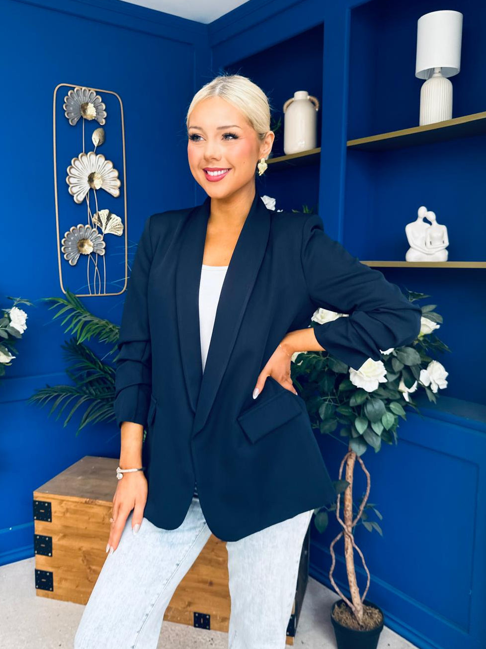 Ciara Ruched Sleeve Blazer Navy