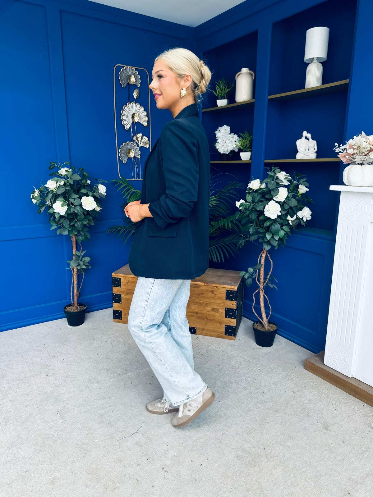 Ciara Ruched Sleeve Blazer Navy