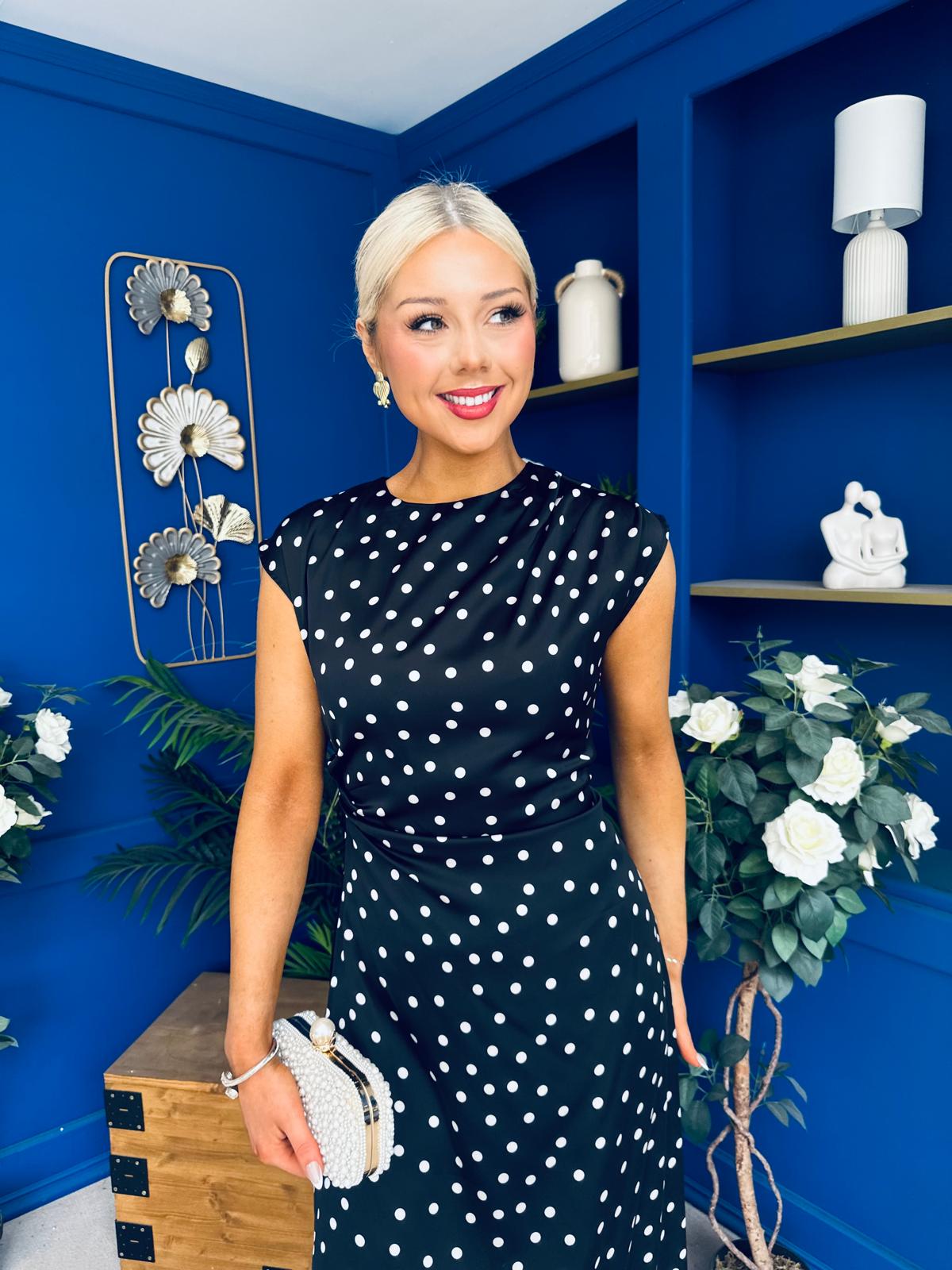 Serina Polka Dot Lace Trim Midi Dress Black