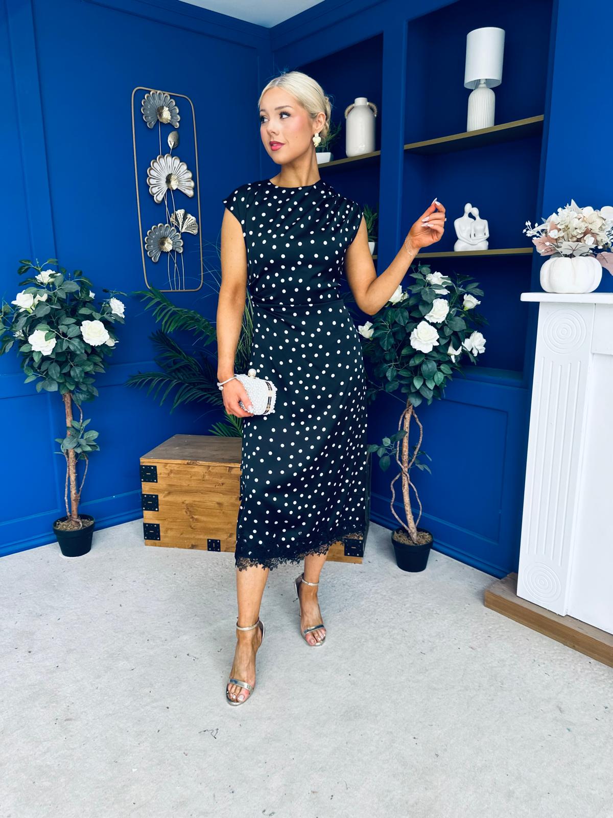 Serina Polka Dot Lace Trim Midi Dress Black