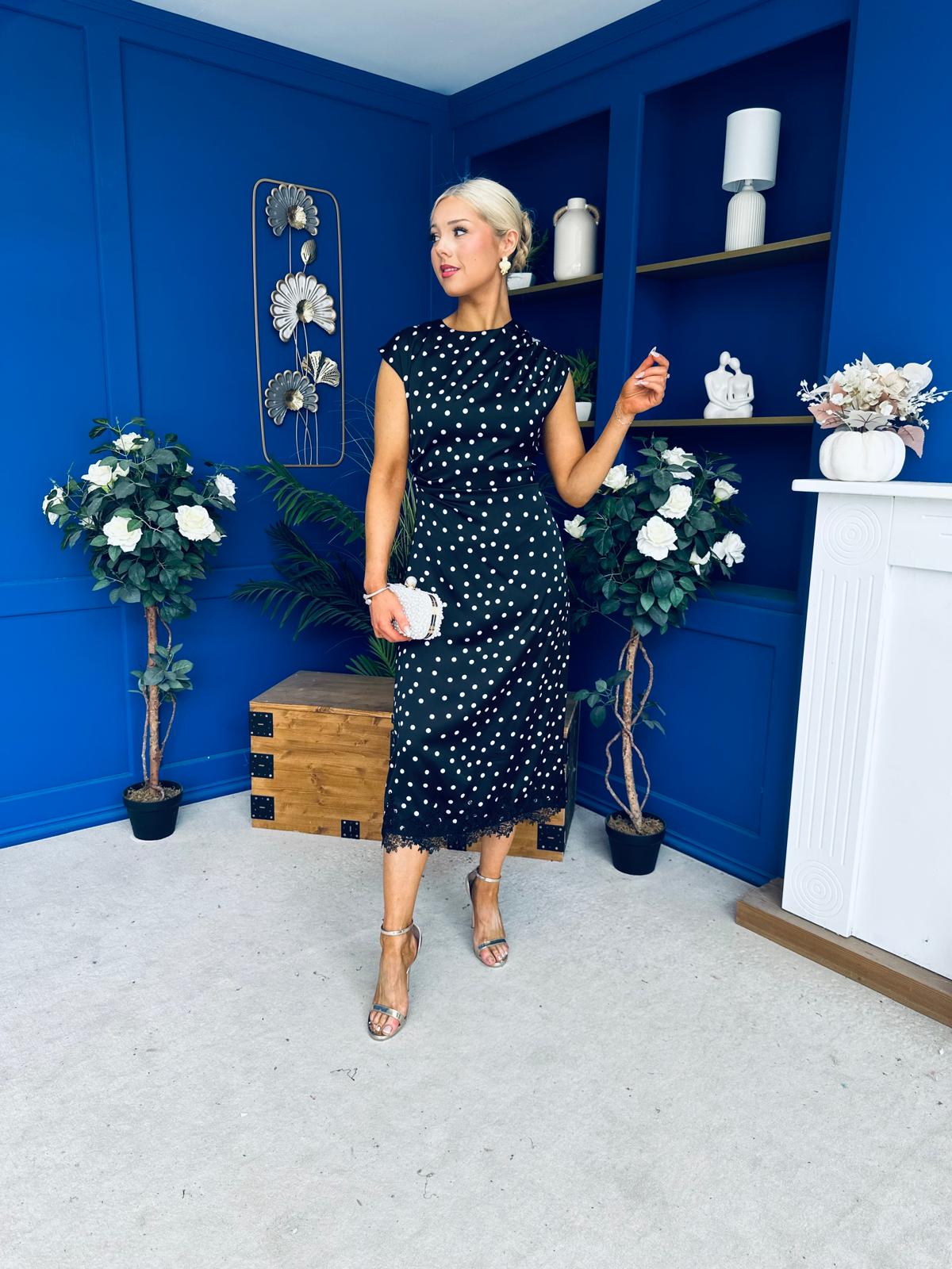 Serina Polka Dot Lace Trim Midi Dress Black