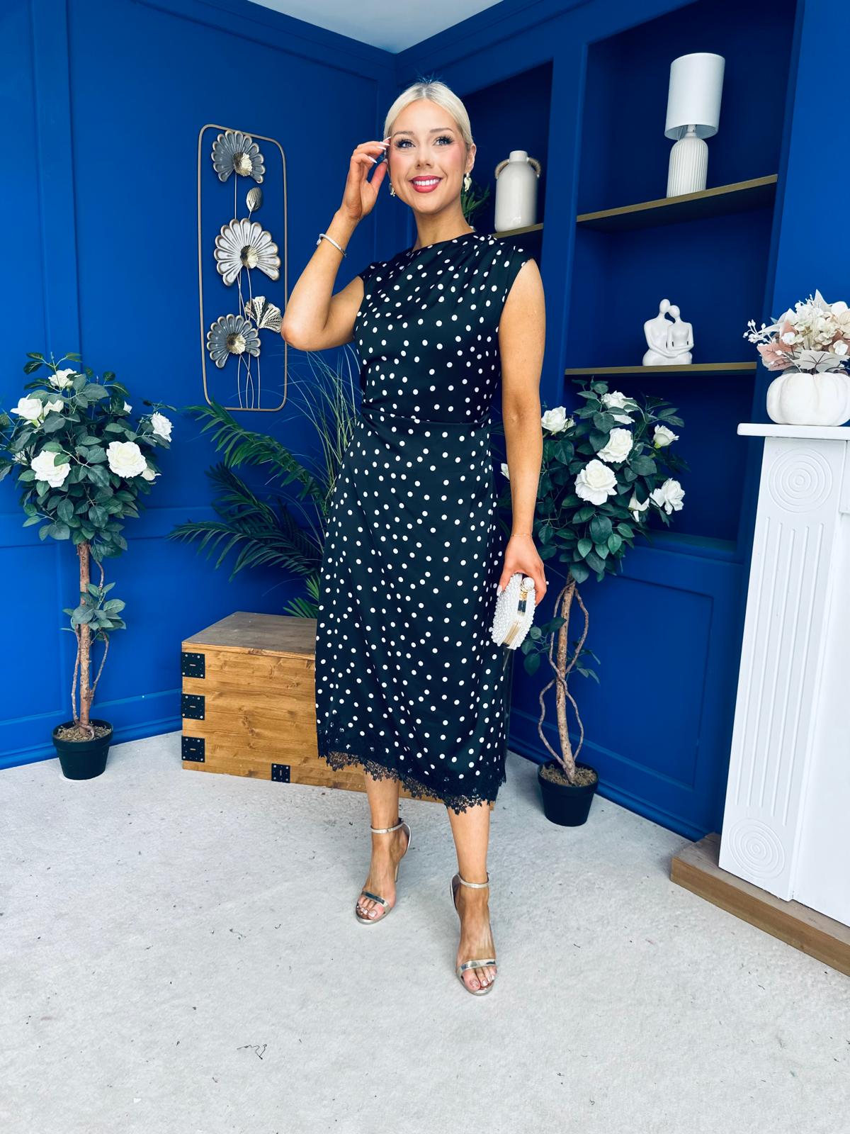 Serina Polka Dot Lace Trim Midi Dress Black