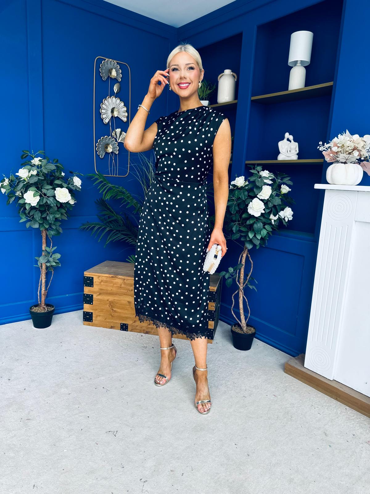 Serina Polka Dot Lace Trim Midi Dress Black