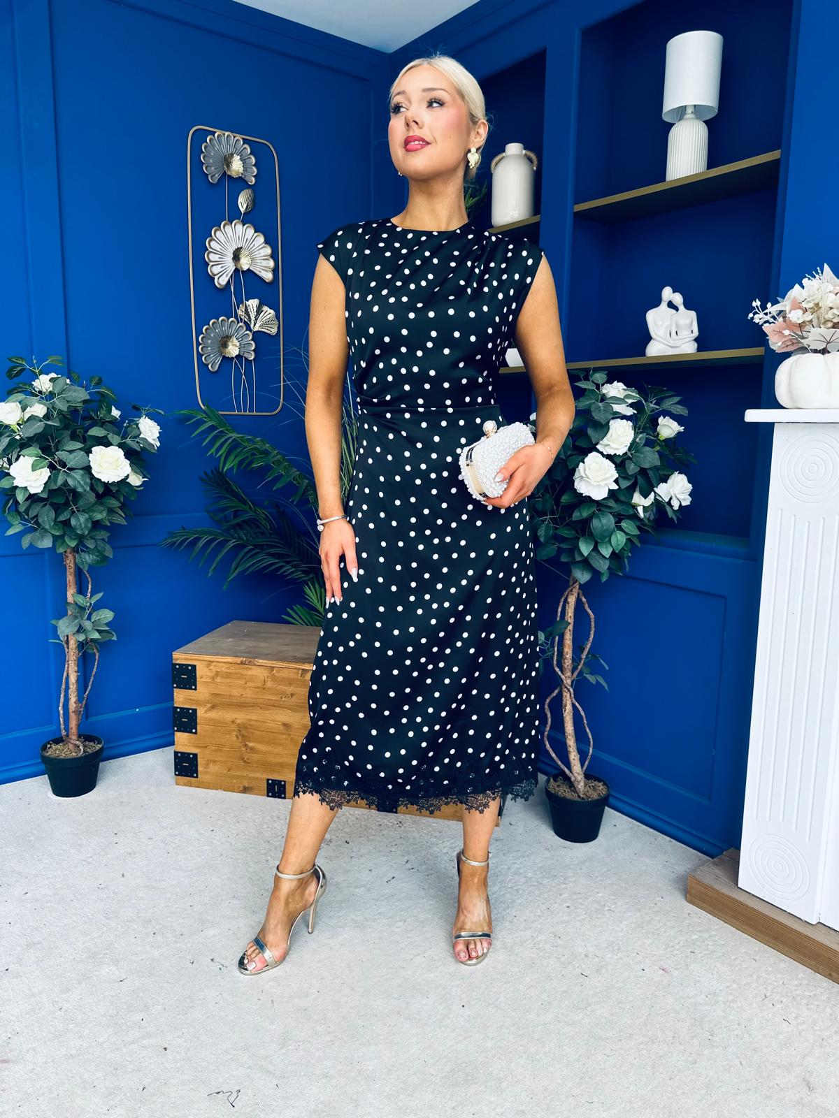 Serina Polka Dot Lace Trim Midi Dress Black