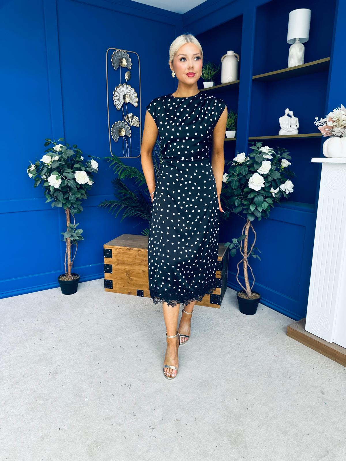 Serina Polka Dot Lace Trim Midi Dress Black
