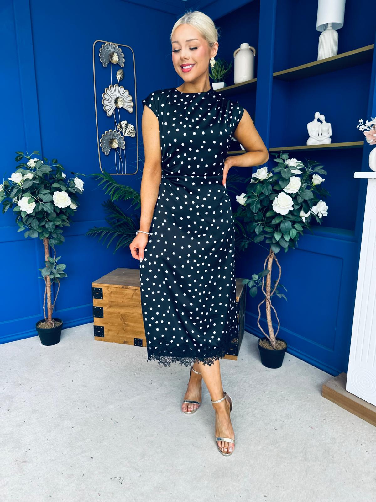 Serina Polka Dot Lace Trim Midi Dress Black