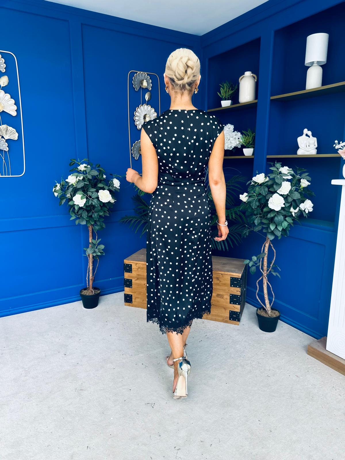 Serina Polka Dot Lace Trim Midi Dress Black