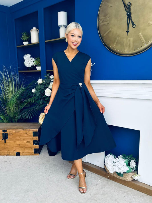 Annette Gold Buckle Detail Midi Dress Navy