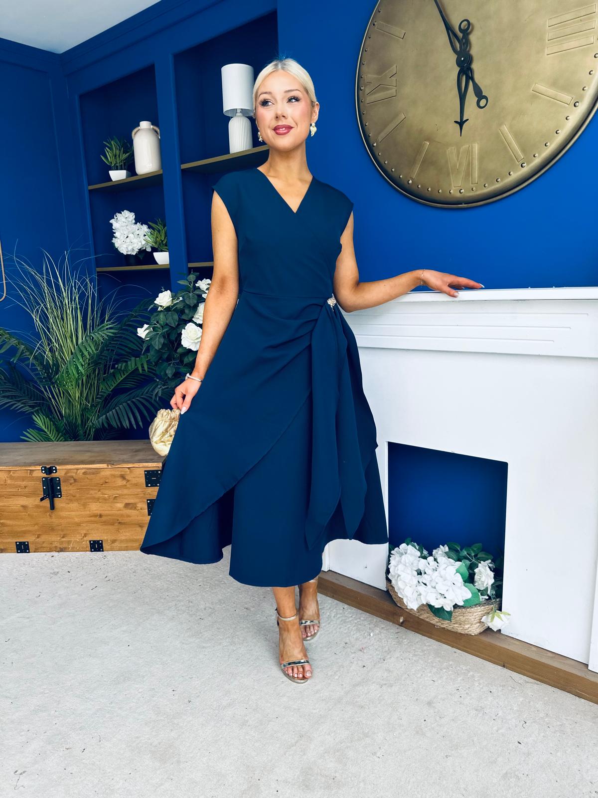 Annette Gold Buckle Detail Midi Dress Navy