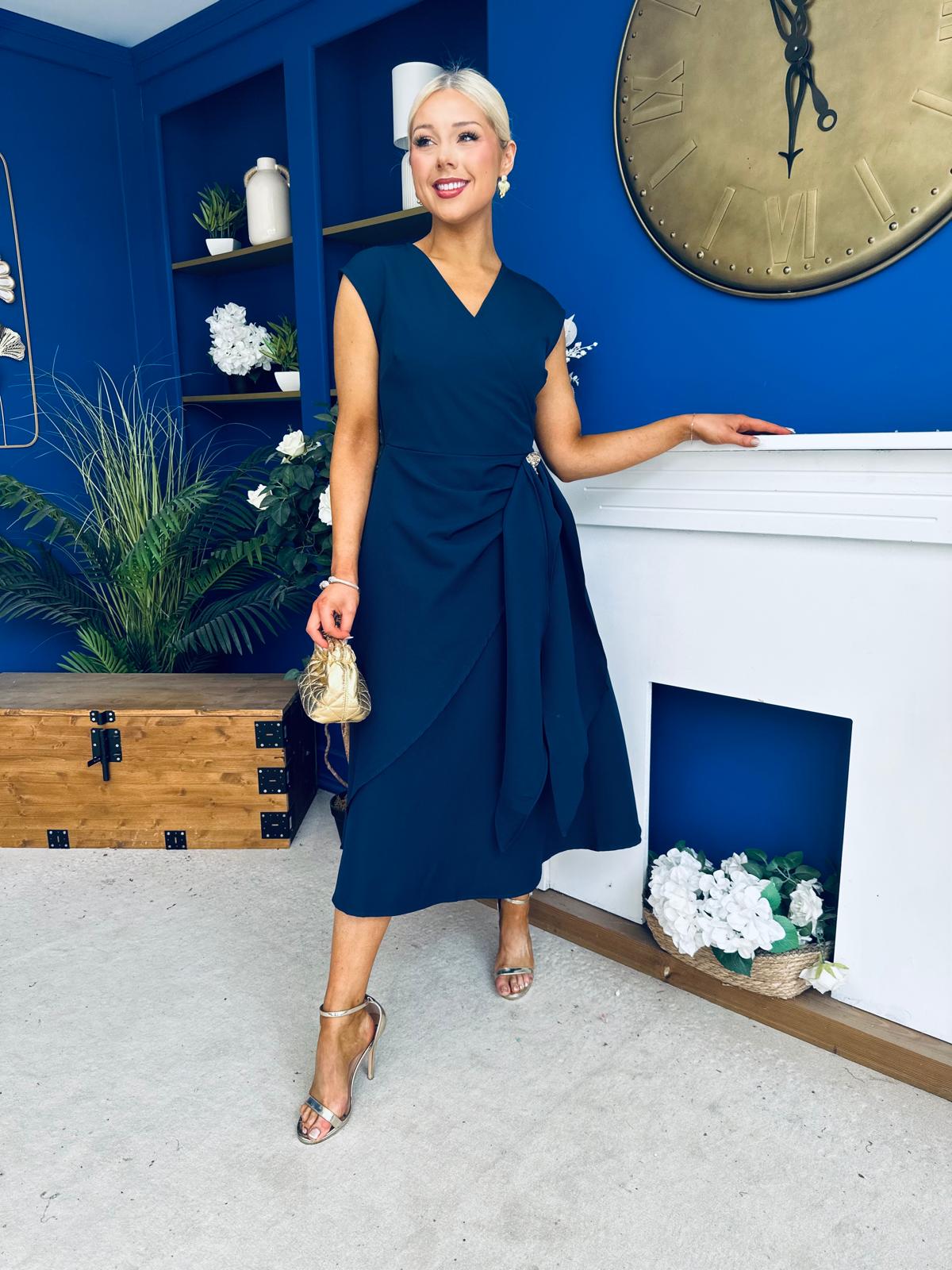 Annette Gold Buckle Detail Midi Dress Navy