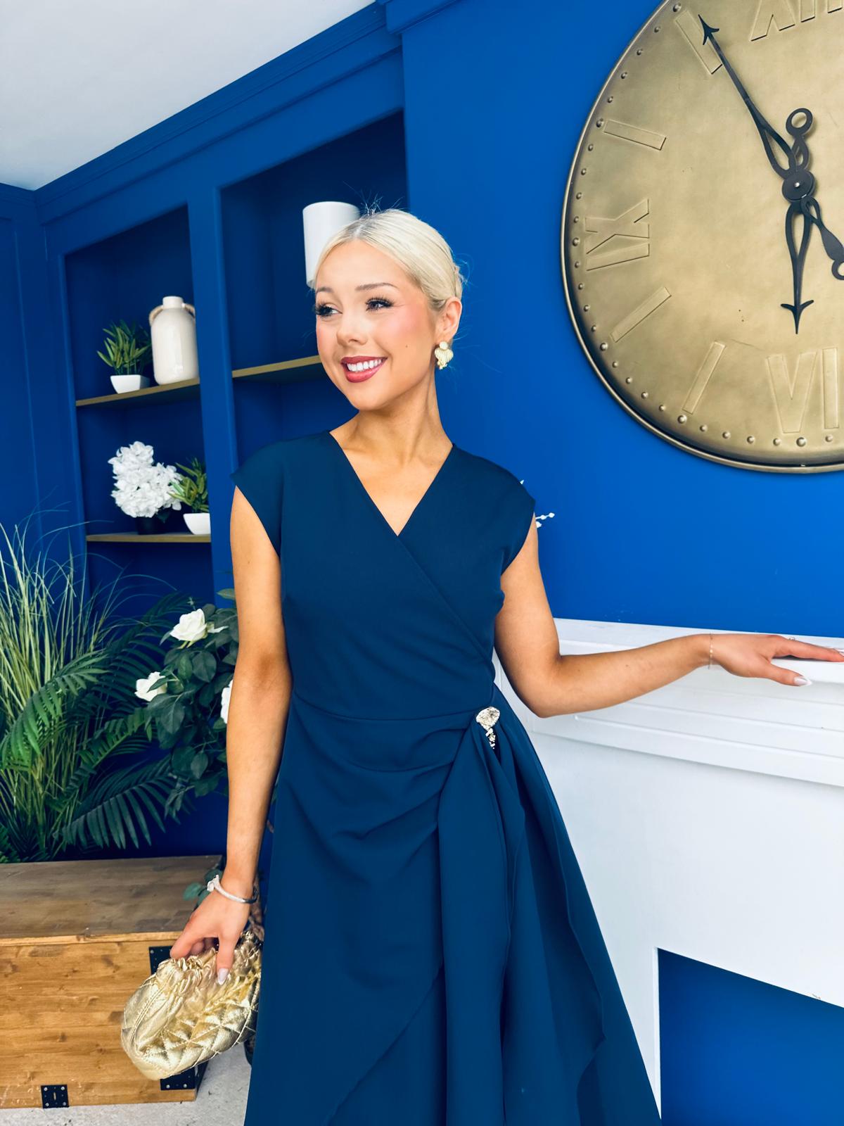Annette Gold Buckle Detail Midi Dress Navy
