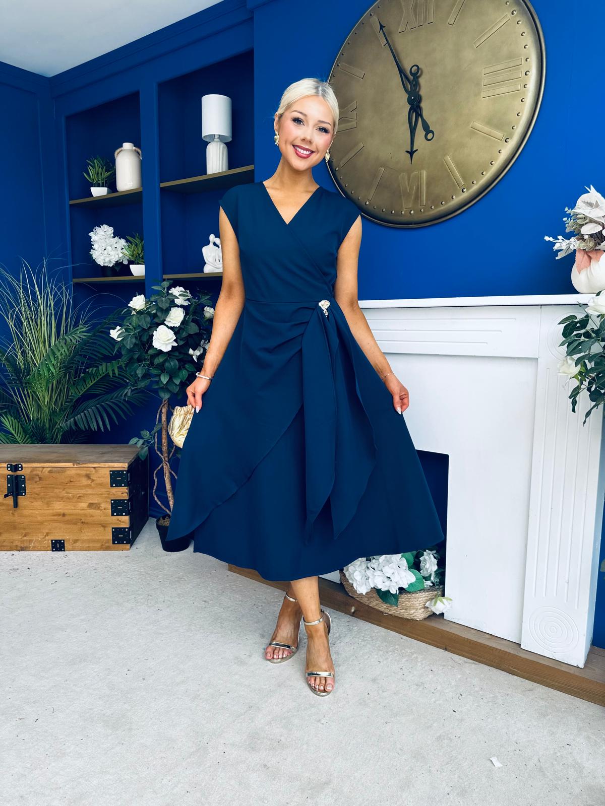Annette Gold Buckle Detail Midi Dress Navy