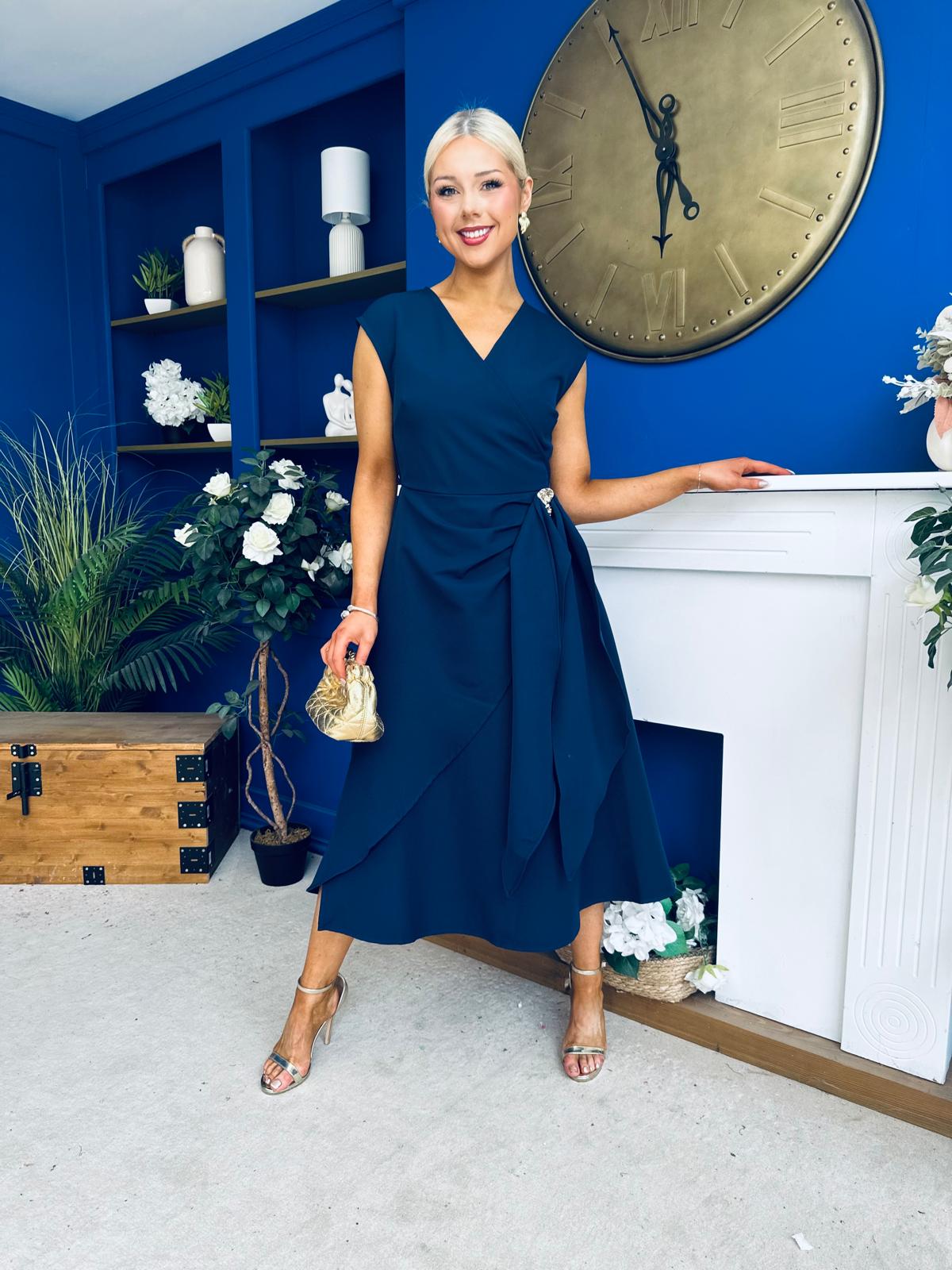 Annette Gold Buckle Detail Midi Dress Navy