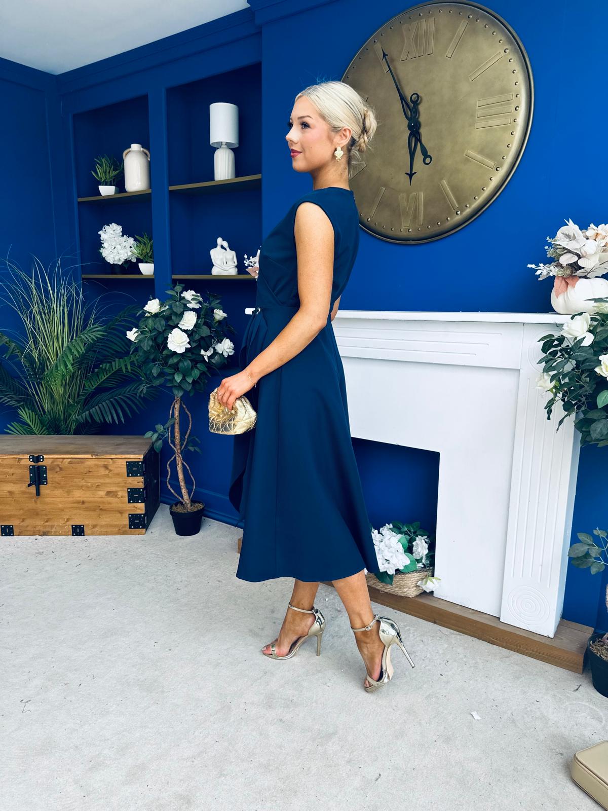 Annette Gold Buckle Detail Midi Dress Navy
