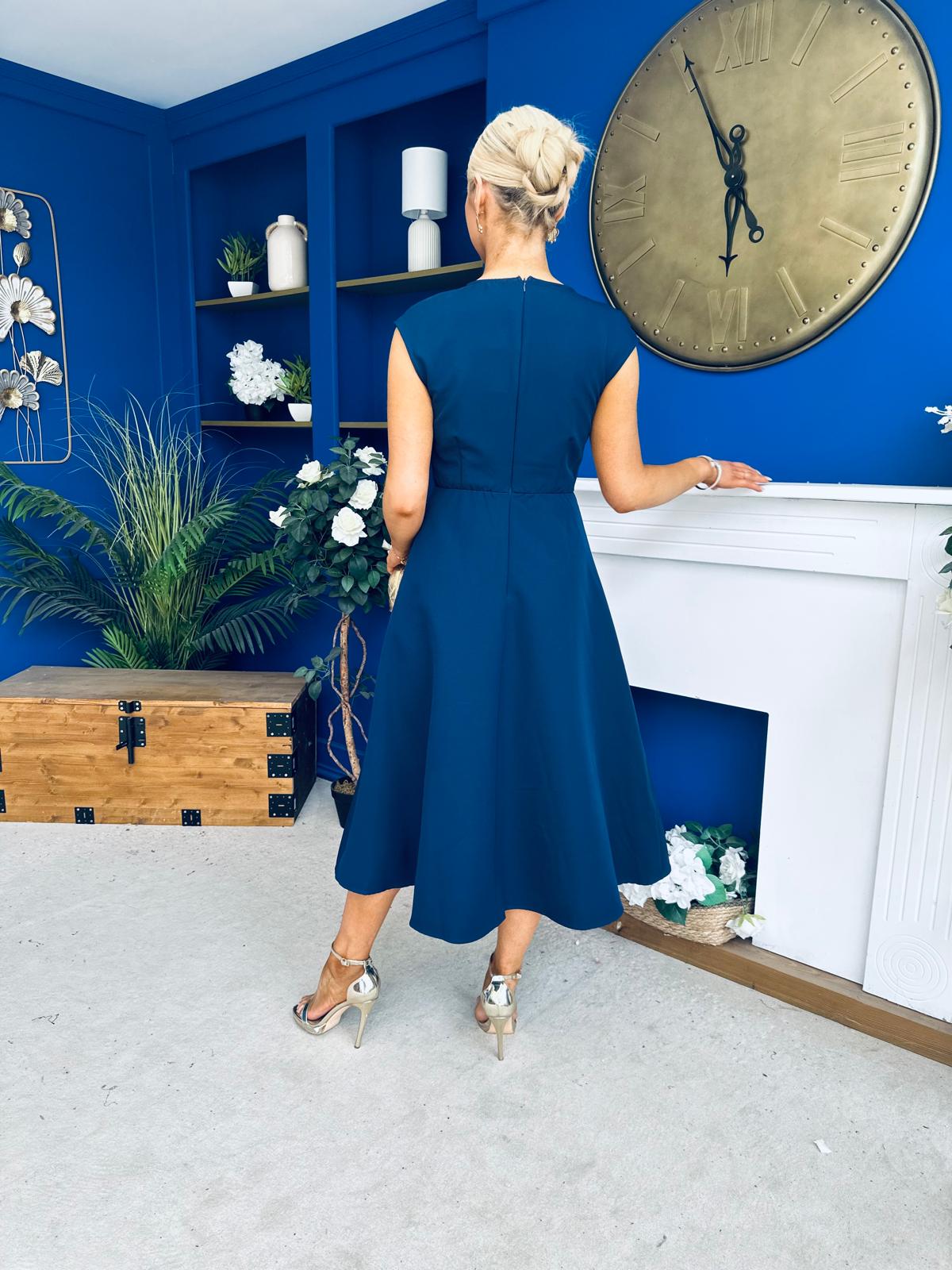 Annette Gold Buckle Detail Midi Dress Navy