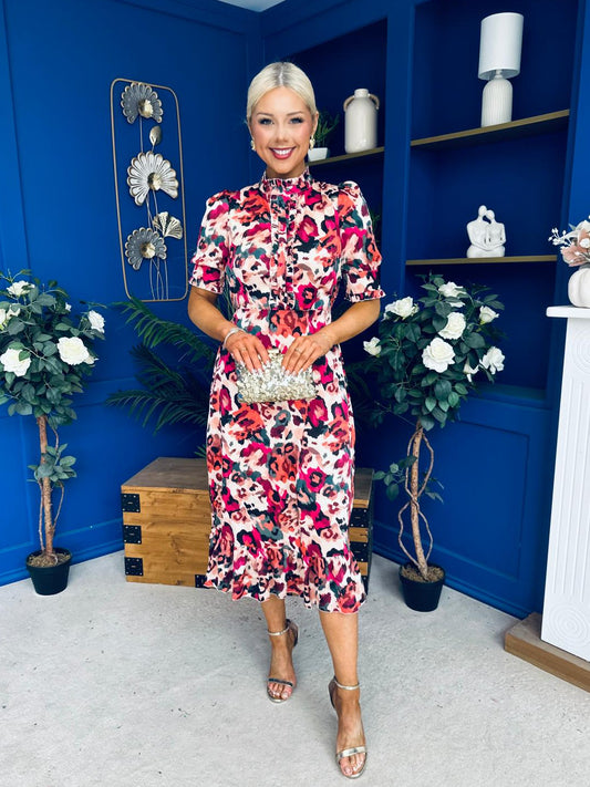 Kirsty Ruffle Hem Midi Dress Pink Leopard
