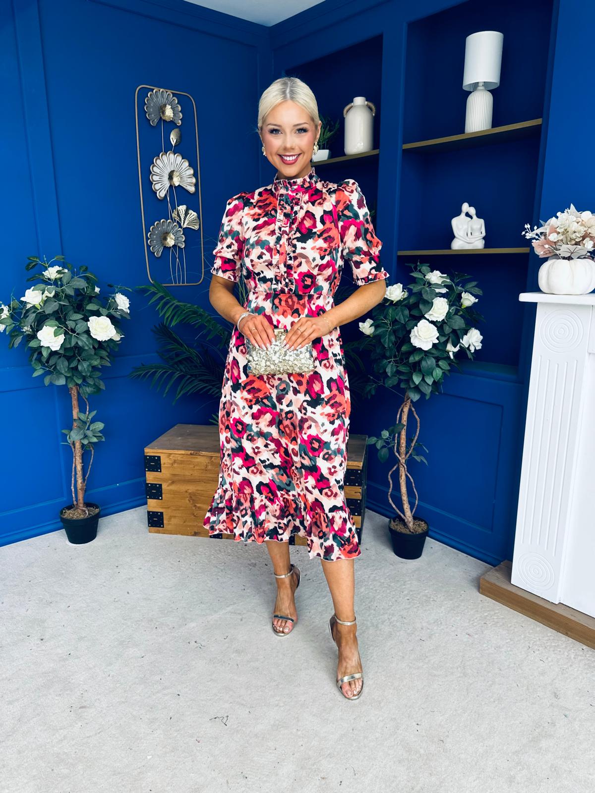 Kirsty Ruffle Hem Midi Dress Pink Leopard