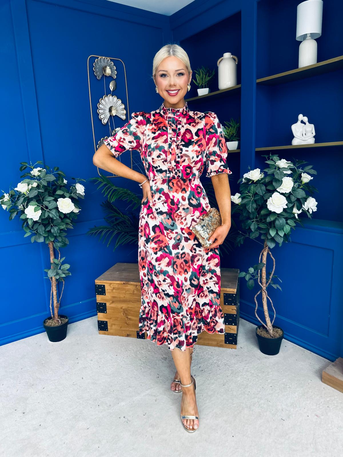 Kirsty Ruffle Hem Midi Dress Pink Leopard