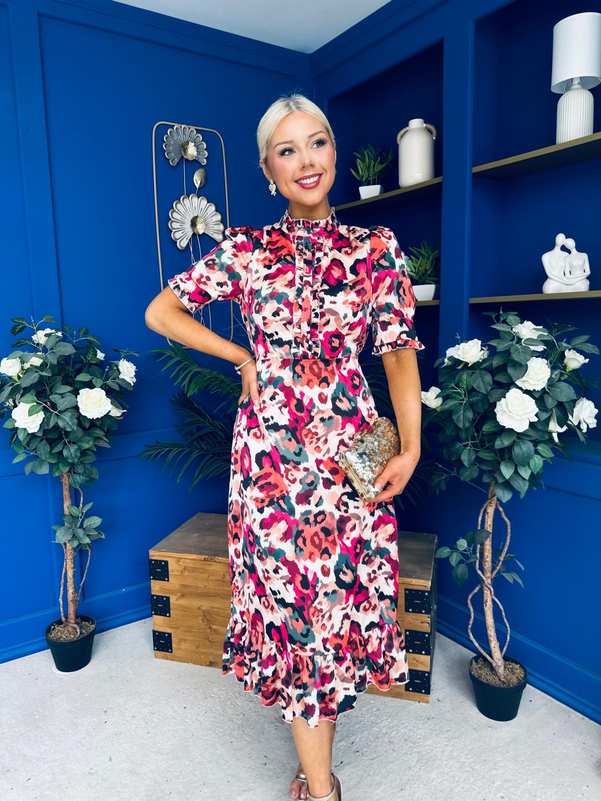Kirsty Ruffle Hem Midi Dress Pink Leopard