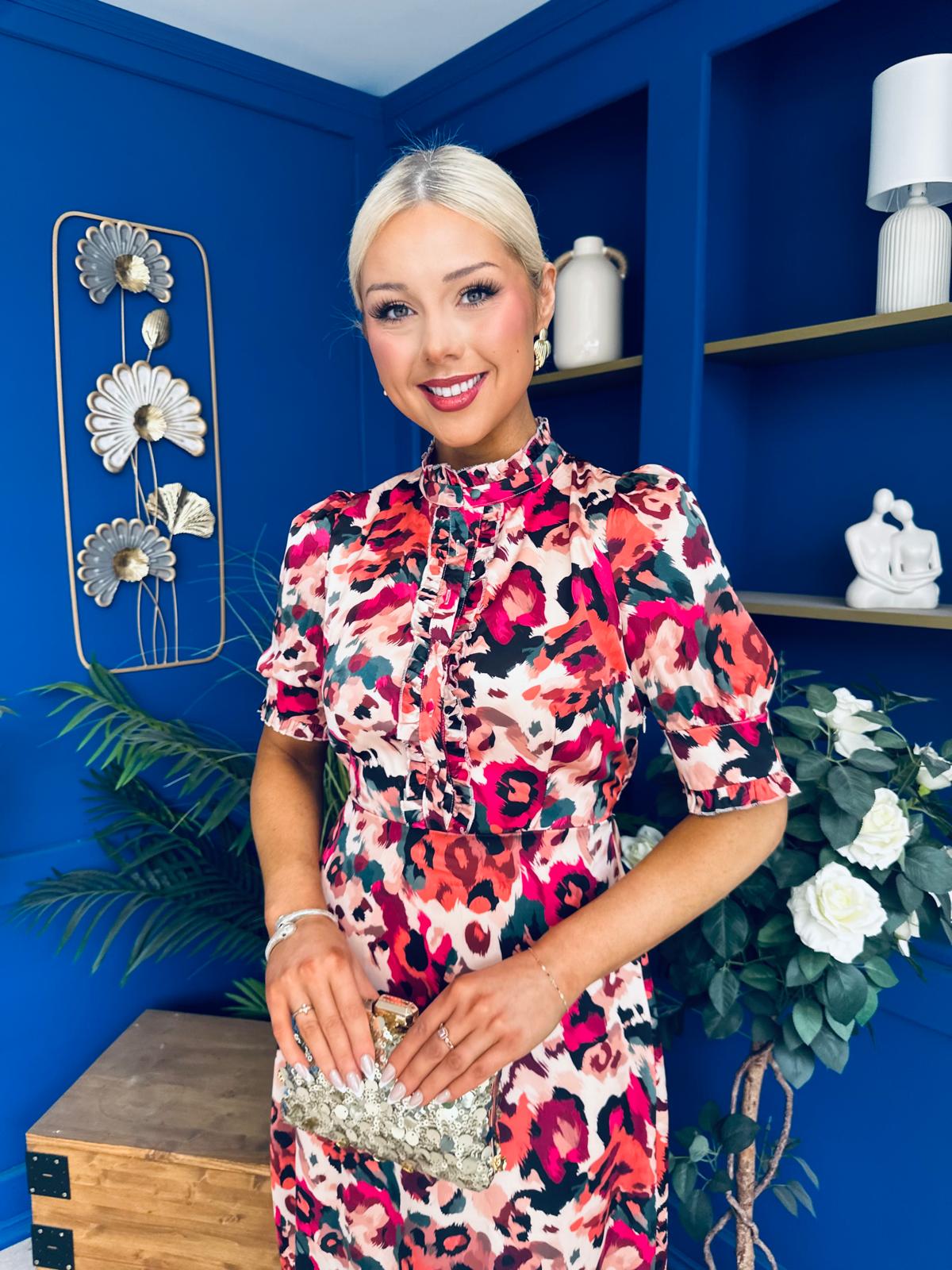 Kirsty Ruffle Hem Midi Dress Pink Leopard